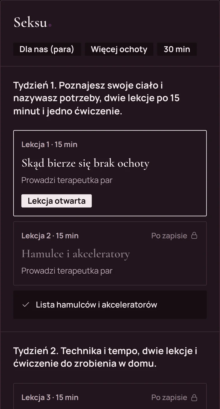 Plan na 4 tygodnie w Seksu na telefonie: lekcja 1 otwarta, kolejne tygodnie z lekcjami i ćwiczeniem